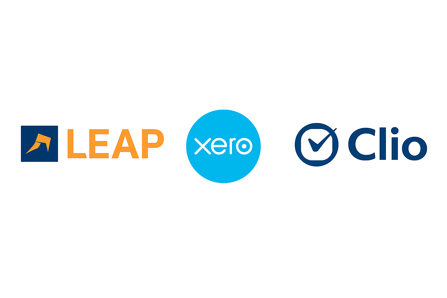 LEAP, Clio, and Xero logos representing Practice Management and accounting software integration for law firms